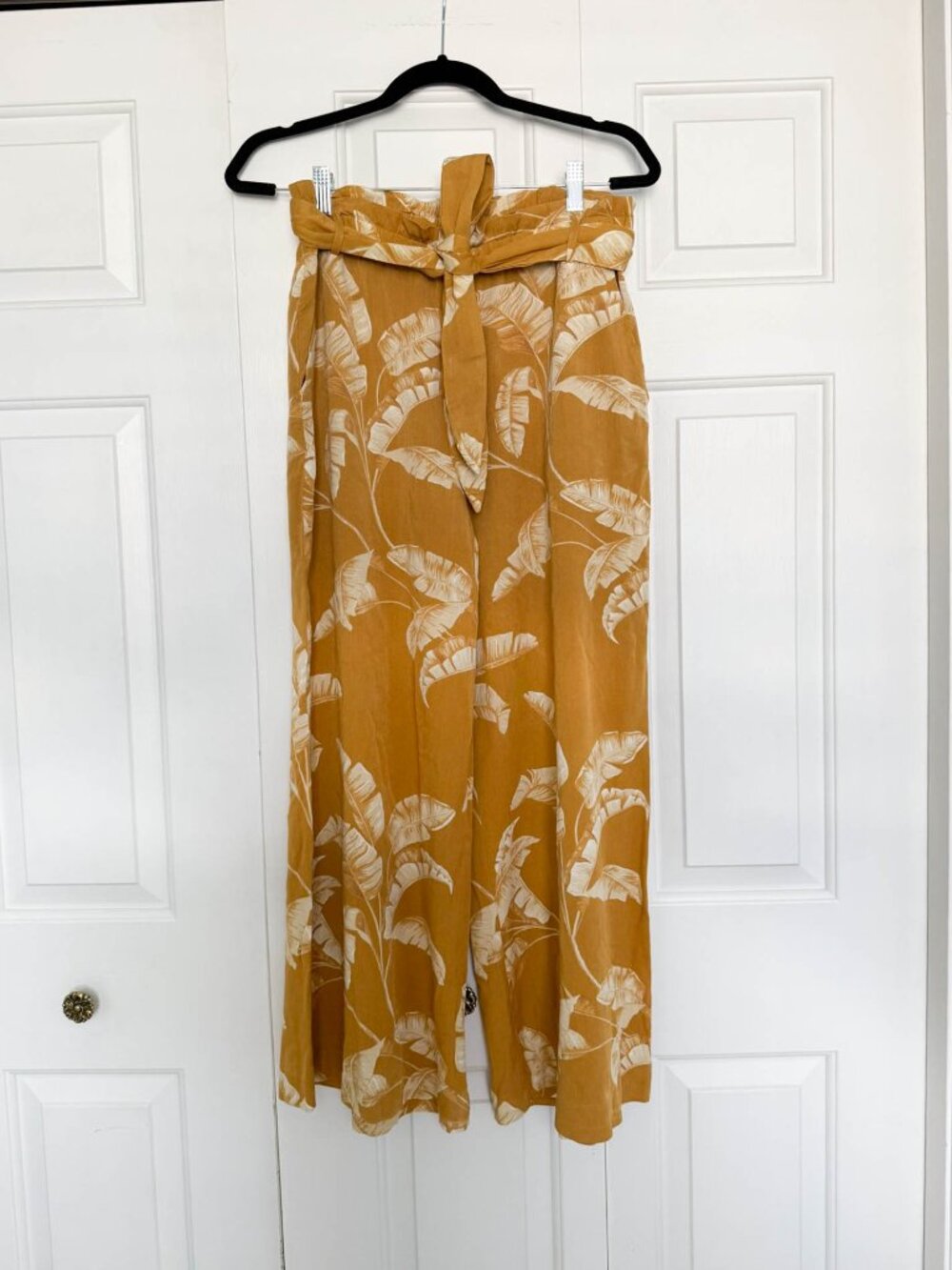 high waisted mustard leave patterned wide leg pants